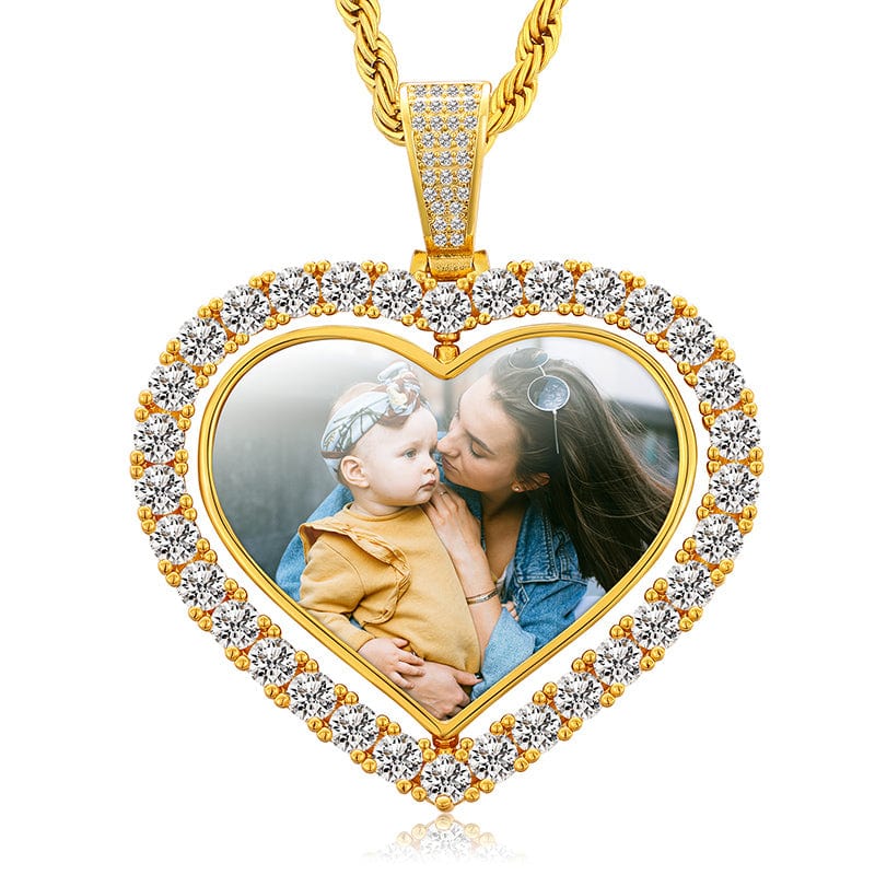 Gold Custom Jewelry Heart Sublimation Spin Picture Pendant Necklace Iced Out Custom Photo Pendant