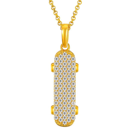 Gold Design Skateboard Statement Pendant Pure Silver  - Moissanite Charm Necklace