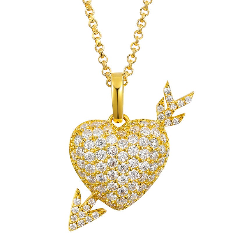 Gold Full Paved VVS Moissanite Gold Plated Silver 925 Iced Out Arrow&Heart Charm Pendant Necklace