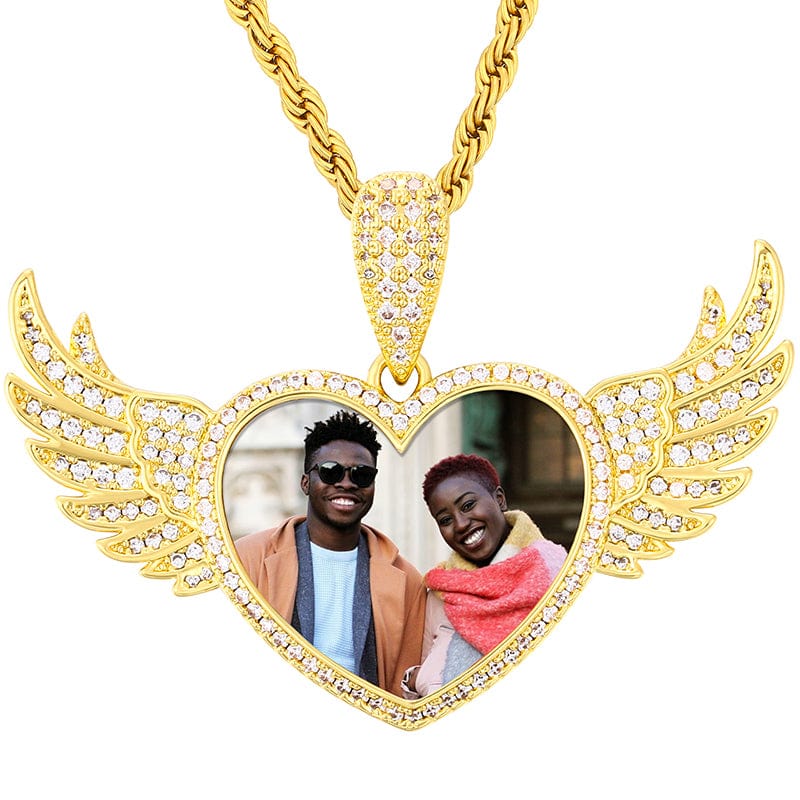 Gold Gold Plated Brass Iced Out CZ Stone Heart Wing Custom Photo Pendant With Chain