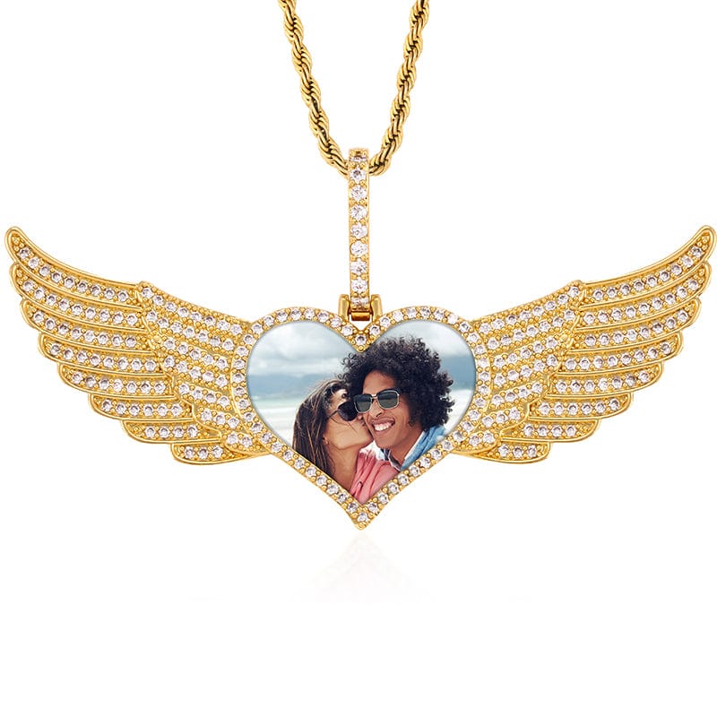 Gold Heart Wing Photo Pendant Gold Plated Jewelry Hip Hop CZ Diamond Photo Pendant
