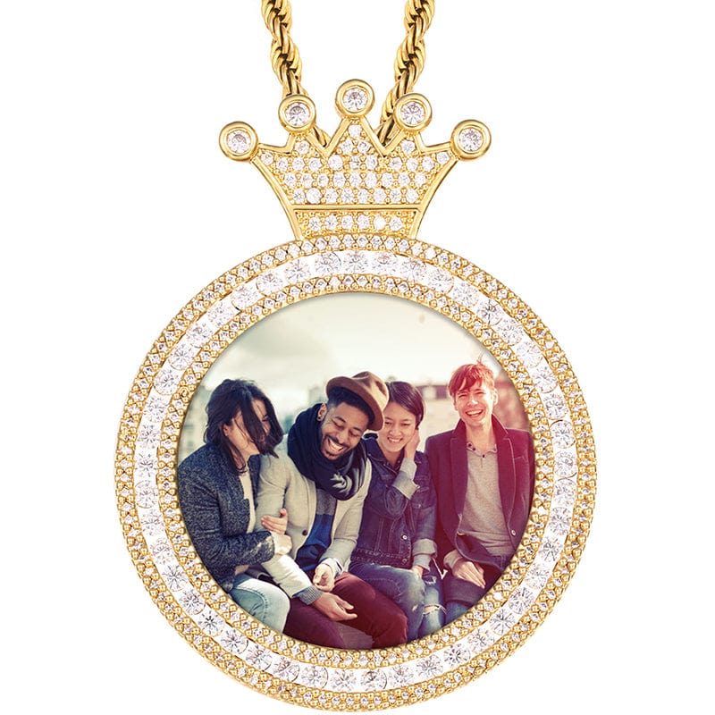 Gold Hip Hop Crown Charms Locket Necklace Pendant Iced Out Crystal Picture Pendant With Cuban Chain