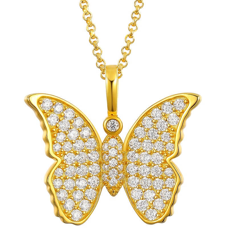 Gold Iced Out 925 Sterling Silver  - VVS Moissanite Butterfly Charm Pendant Necklace