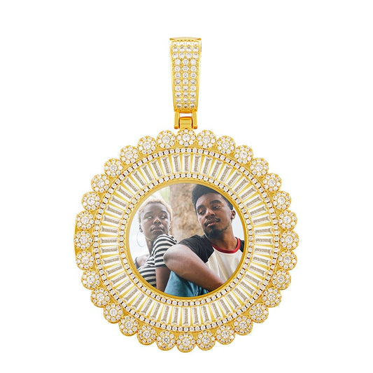 Gold Iced Out Flower Picture Pendant Necklace Hip Hop Bling Custom Photo Memory Pendant