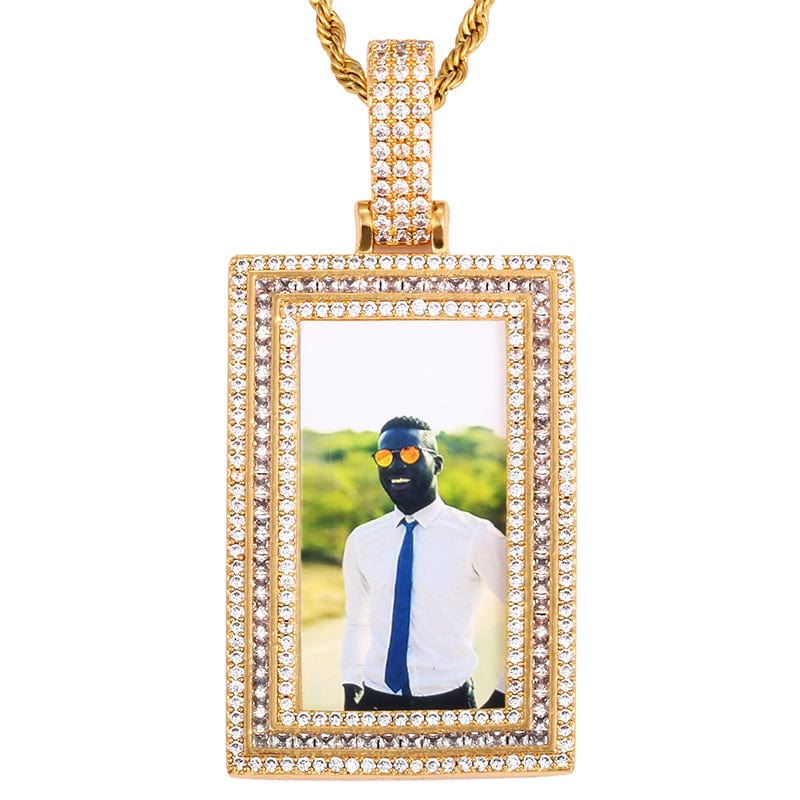 Gold Large Size Silver Gold Diamond Charms Mens Necklace Custom  Rectangle Shape Photo Frame Pendant