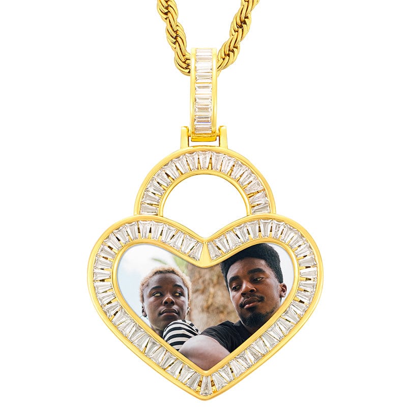 Gold Minimalist Special Custom Gold Plated Heart Photo Pendant Setting Baguette Cubic Zirconia Charm Pendant