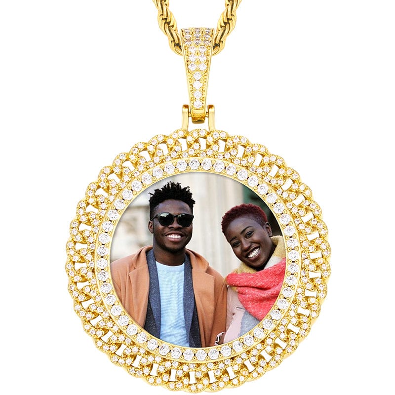 Gold Plated Brass CZ Stone Round Cuban Link Shape Custom Photo Pendant