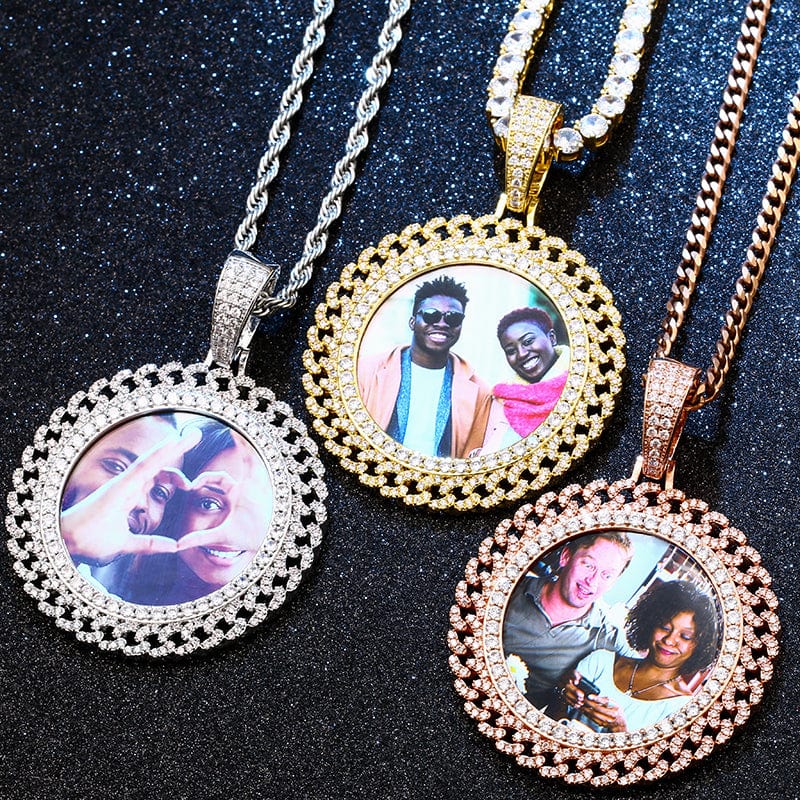 Gold Plated Brass CZ Stone Round Cuban Link Shape Custom Photo Pendant