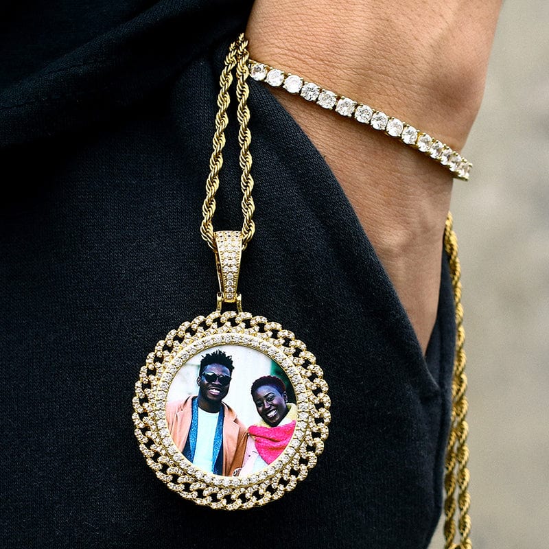 Gold Plated Brass CZ Stone Round Cuban Link Shape Custom Photo Pendant