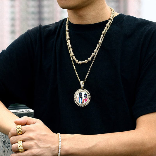 Gold Plated Brass Rope Chain - CZ Stone Round Cuban Link Pendant