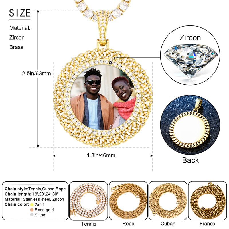 Gold Plated Brass CZ Stone Round Cuban Link Shape Custom Photo Pendant