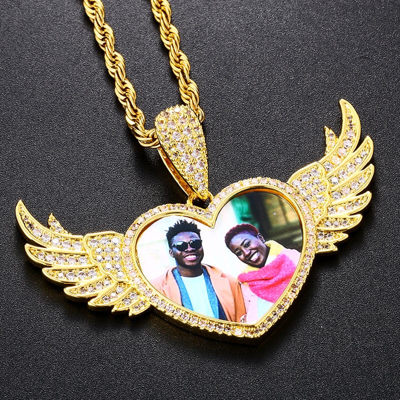 Gold Plated Brass Iced Out CZ Stone Heart Wing Custom Photo Pendant With Chain