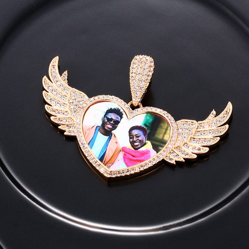 Gold Plated Brass Iced Out CZ Stone Heart Wing Custom Photo Pendant With Chain