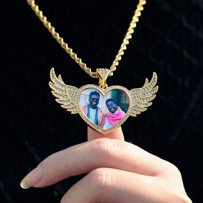 Gold Plated Brass Iced Out CZ Stone Heart Wing Custom Photo Pendant With Chain