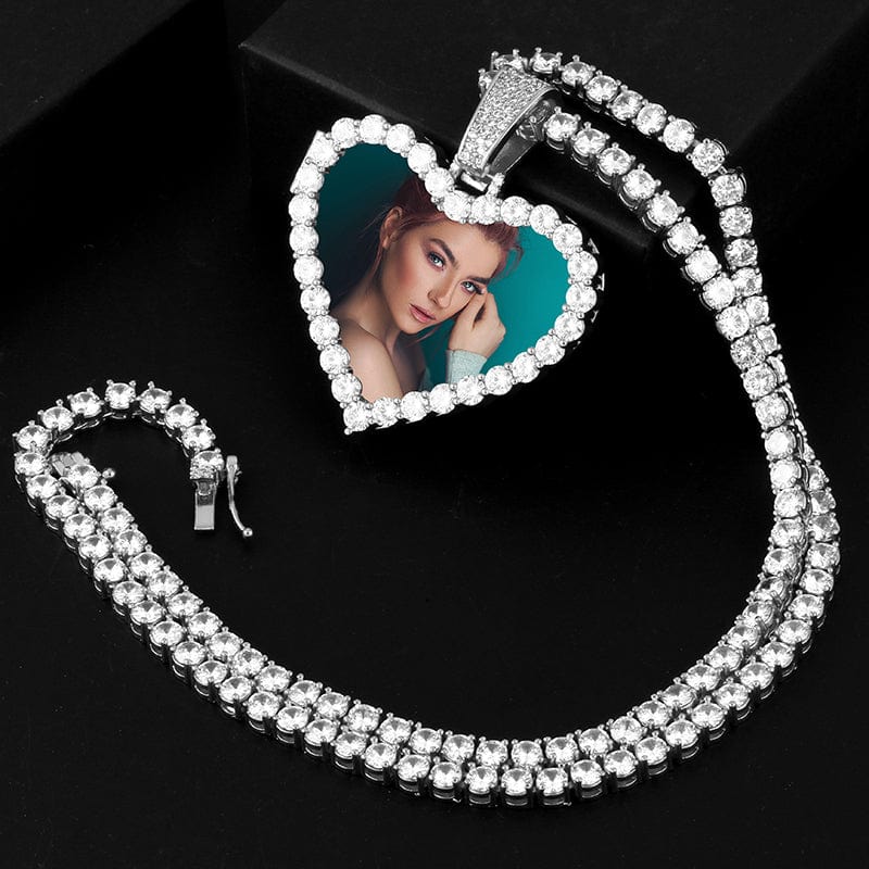 Gold Plated Brass Iced Out Zircon Diamond Heart Locket Custom Photo Pendant Necklace