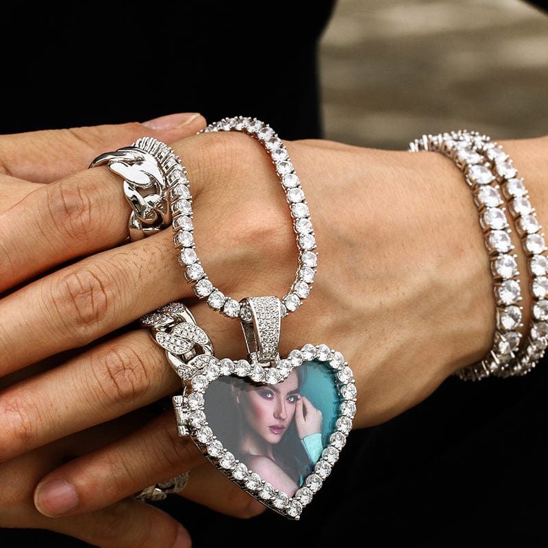 Gold Plated Brass Iced Out Zircon Diamond Heart Locket Custom Photo Pendant Necklace