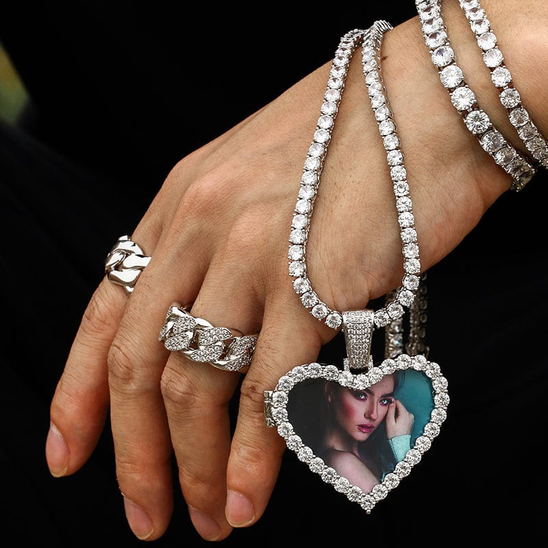 Gold Plated Brass Iced Out Zircon Diamond Heart Locket Custom Photo Pendant Necklace