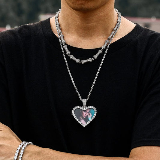 Gold Plated Brass Rope Chain - Iced Out Zircon Diamond Heart Pendant