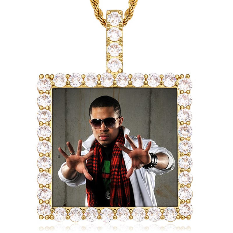 Gold Plated Brass Square Prong Setting CZ Stone Custom Photo Pendant For Men Women