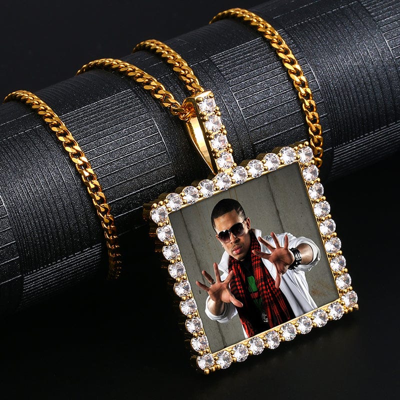 Gold Plated Brass Square Prong Setting CZ Stone Custom Photo Pendant For Men Women