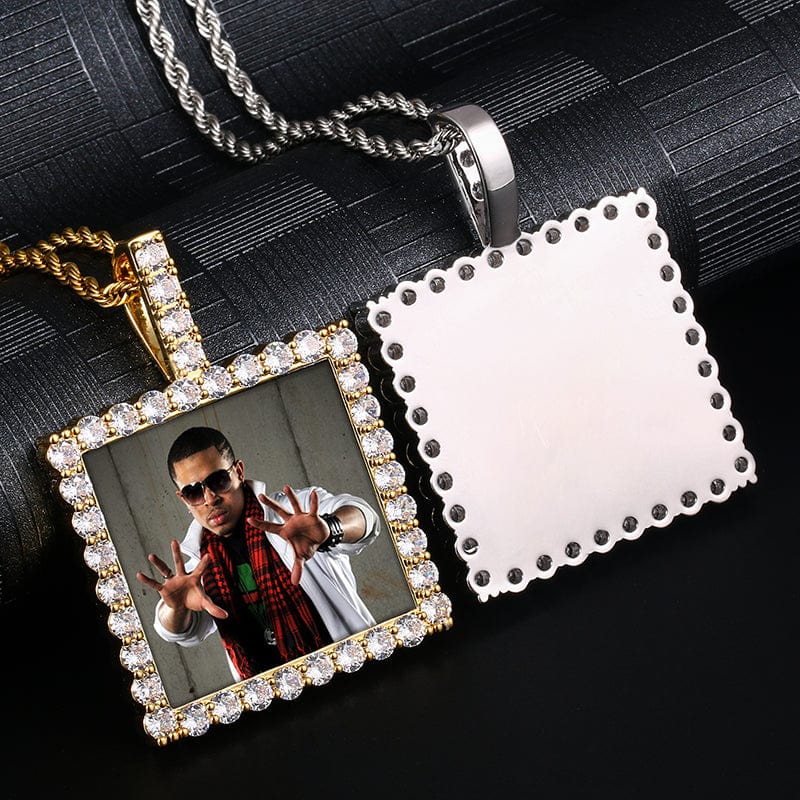 Gold Plated Brass Square Prong Setting CZ Stone Custom Photo Pendant For Men Women
