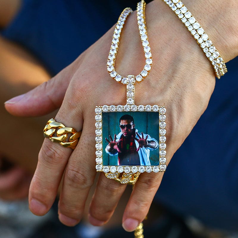 Gold Plated Brass Square Prong Setting CZ Stone Custom Photo Pendant For Men Women