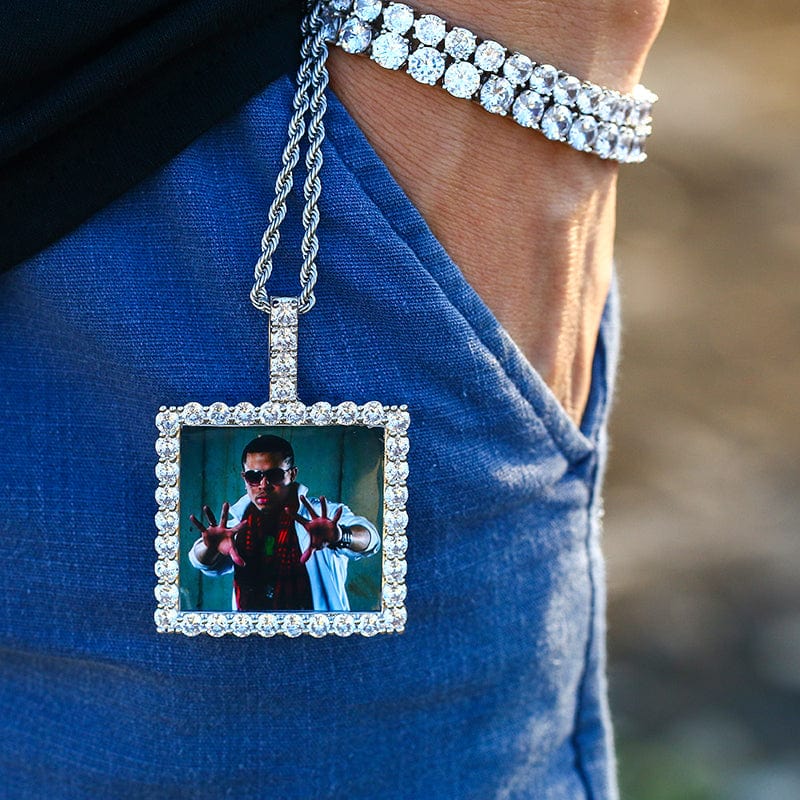 Gold Plated Brass Square Prong Setting CZ Stone Custom Photo Pendant For Men Women
