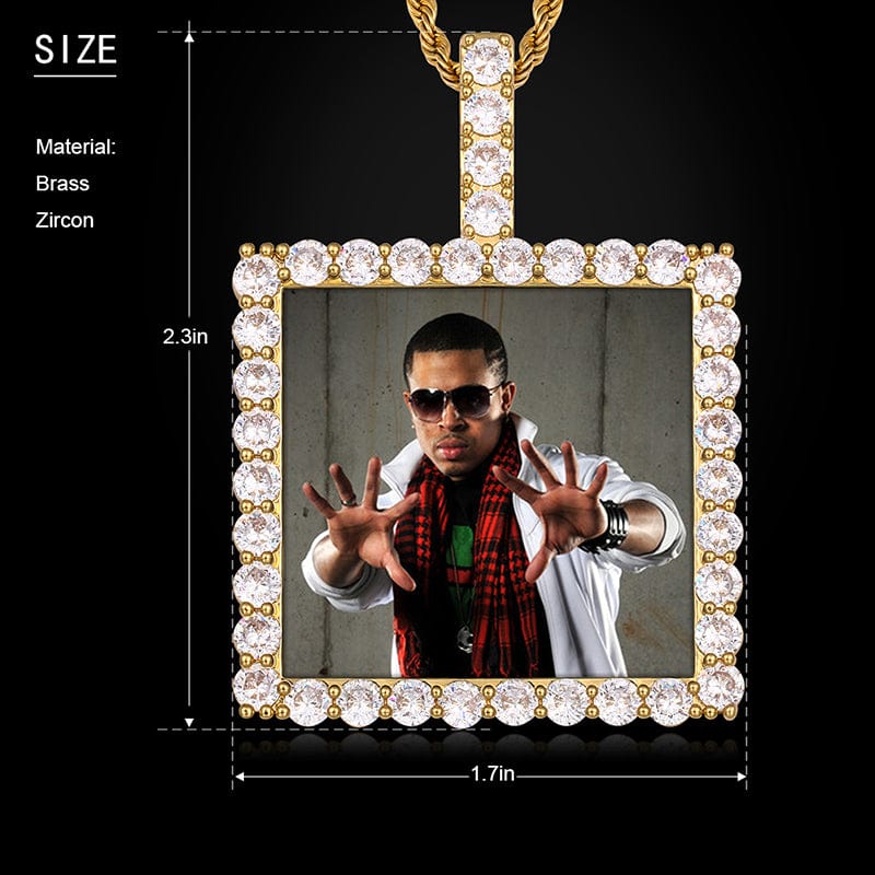 Gold Plated Brass Square Prong Setting CZ Stone Custom Photo Pendant For Men Women