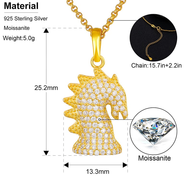 Gold Plated Chess Charm - 925 Silver VVS Moissanite Hippocampus Pendant Necklace