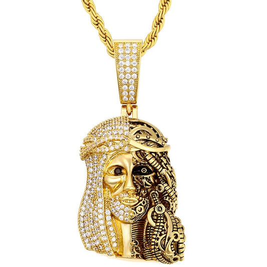 Gold Plated Half-paved Diamond Jesus Charm Pendant Necklace Light And Darkness