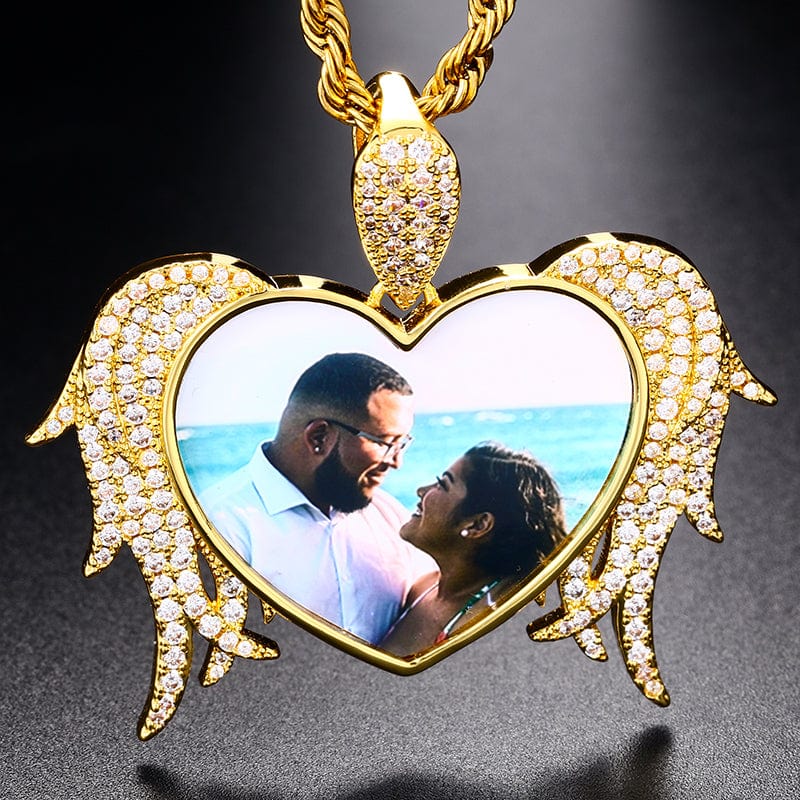Gold Plated Heart Wing Custom Photo Pendant Hip Hip Men Women Iced Out Charm Pendant Necklace
