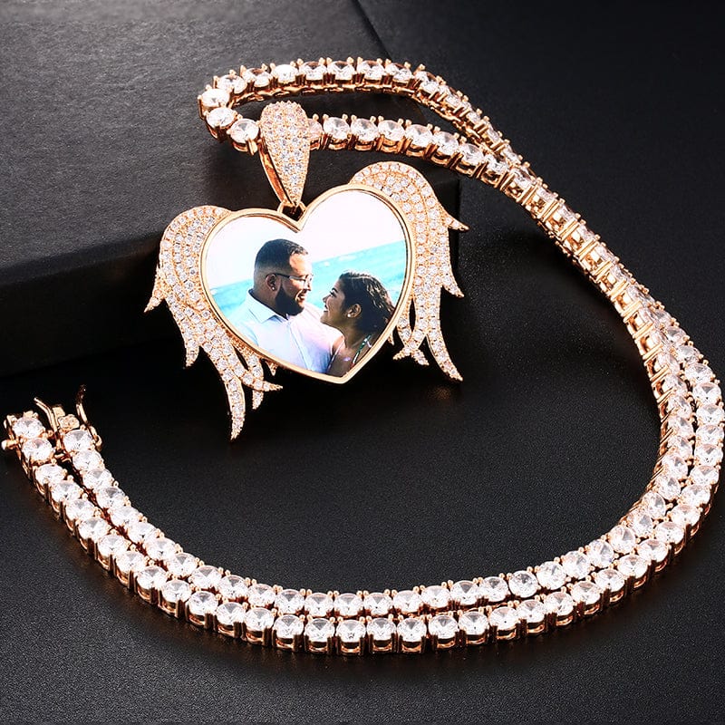 Gold Plated Heart Wing Custom Photo Pendant Hip Hip Men Women Iced Out Charm Pendant Necklace