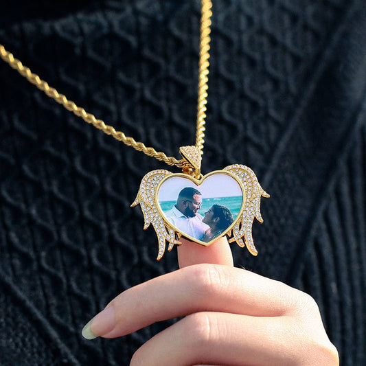 Gold Plated Heart Wing Custom Necklace - Iced Out Pendant