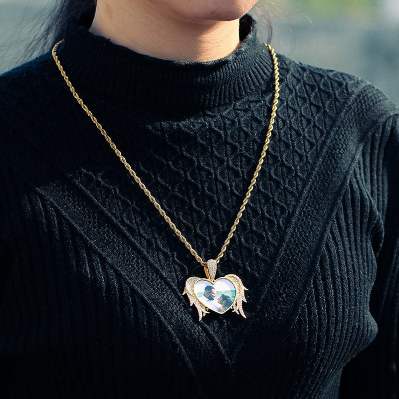 Gold Plated Heart Wing Custom Photo Pendant Hip Hip Men Women Iced Out Charm Pendant Necklace