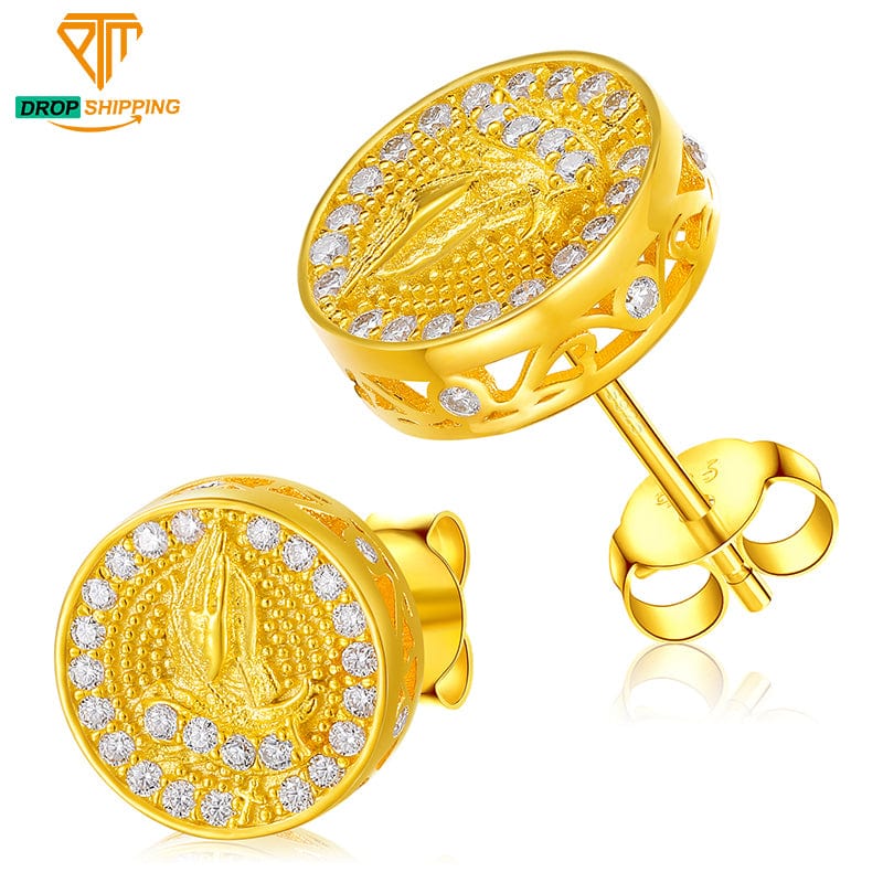 Gold Plated Hip Hop Jewelry 925 Sterling Silver VVS Moissanite Diamond Prayer Stud Earrings