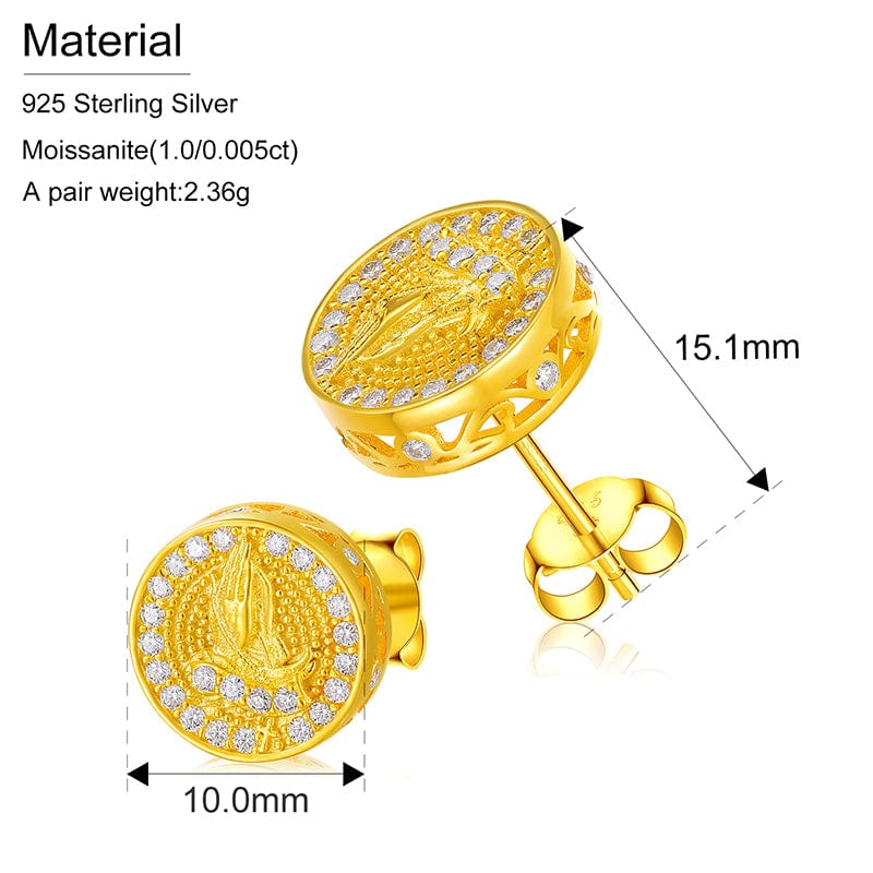 Gold Plated Hip Hop Jewelry 925 Sterling Silver VVS Moissanite Diamond Prayer Stud Earrings