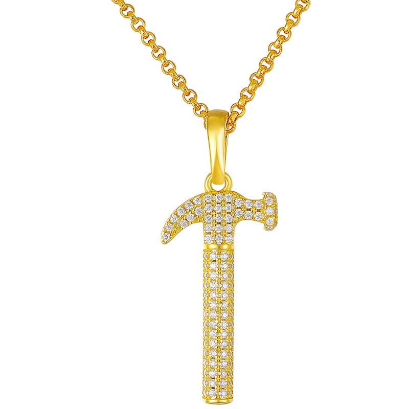 Gold Plated Silver 925 Moissanite Hammer Statement Charm Pendant With Chain