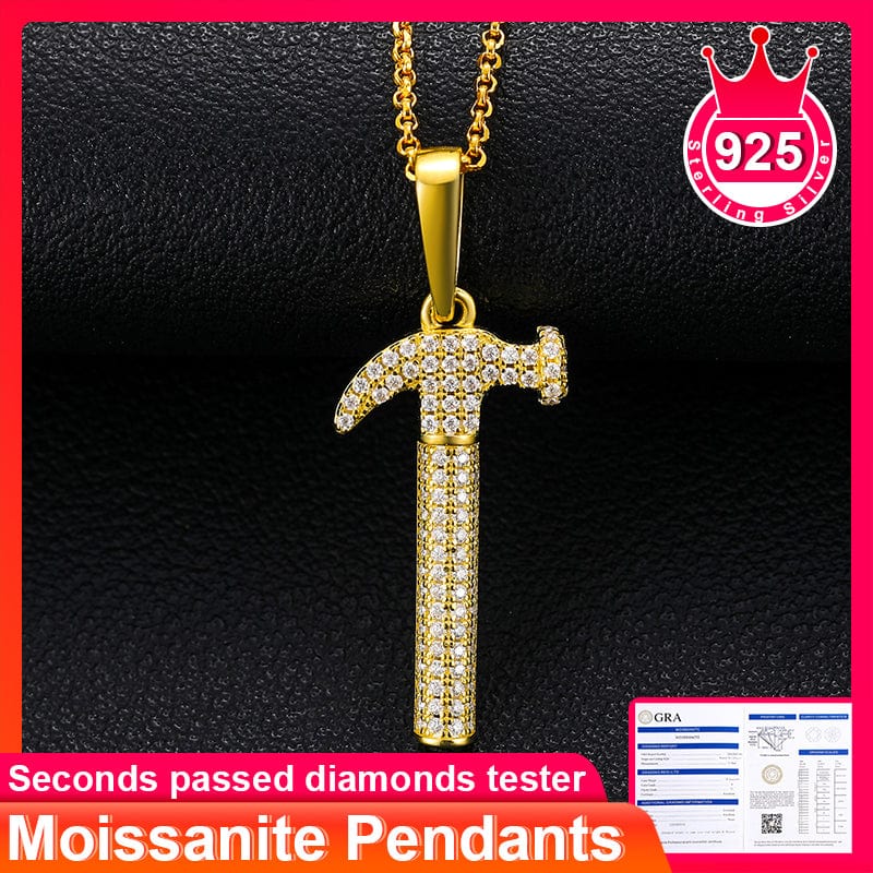 Gold Plated Silver 925 Moissanite Hammer Statement Charm Pendant With Chain