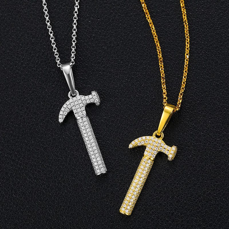 Gold Plated Silver 925 Moissanite Hammer Statement Charm Pendant With Chain