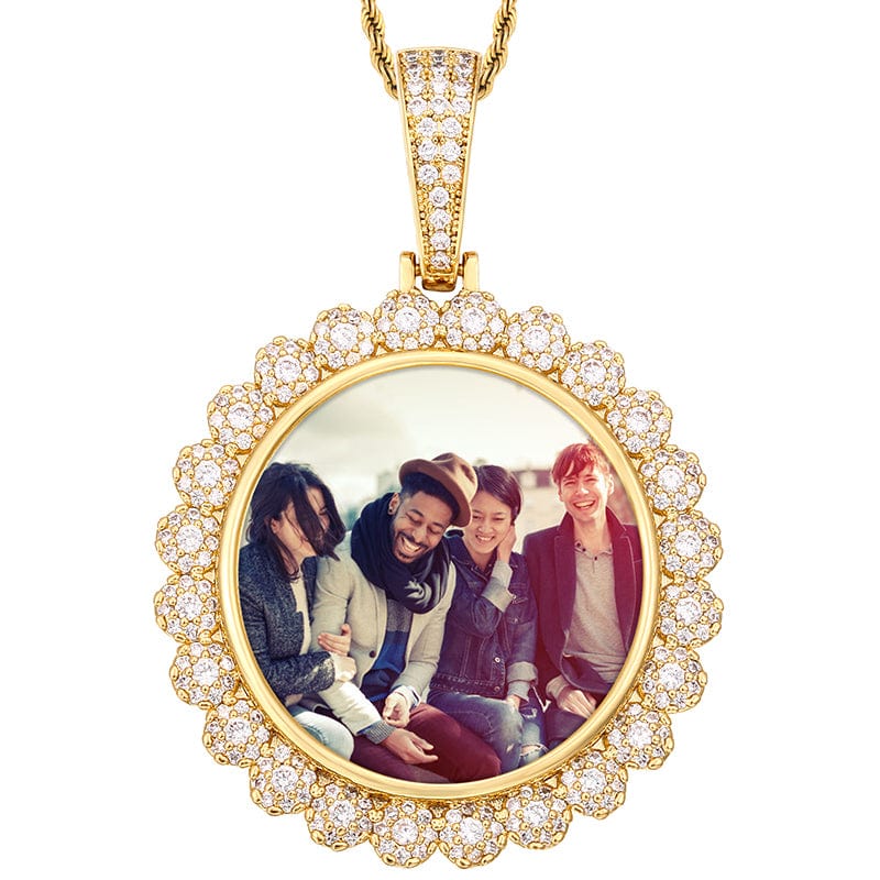 Gold Round Hip Hop Gold Plated Jewelry Necklace Photo Pendant Iced Out Flower Crystal Charms Picture Pendant