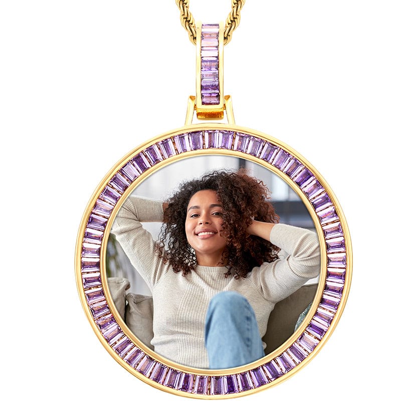 Gold Simplism Charms Necklace Custom Purple Baguette Gemstone Picture Pendant