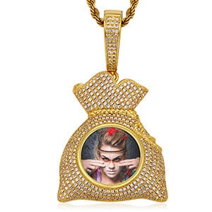 Gold Sublimation Jewelry Blank Picture Necklace Gold Plated Iced Out Bag Custom Photo Pendant