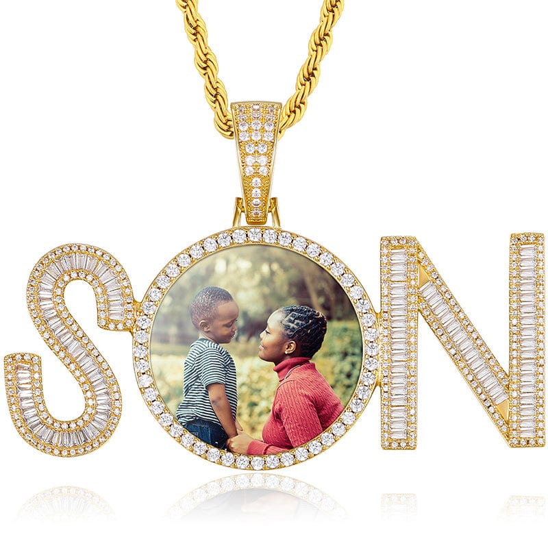 Gold Thanksgiving Day Jewelry Custom Engraved Name Gold Plated CZ Diamond SON Charm Photo Pendant