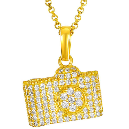 Gold VVS Moissanite Camera Charm Pendant Gold Plated 925 Sterling Silver Pendant Necklace