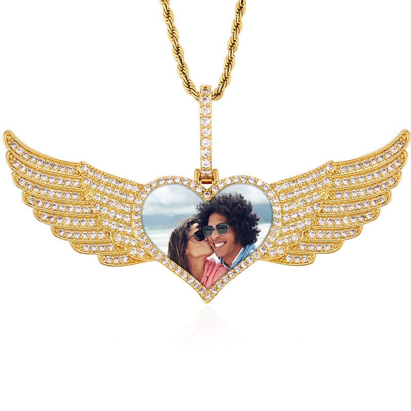 Heart Wing Photo Pendant Gold Plated Jewelry Hip Hop CZ Diamond Photo Pendant