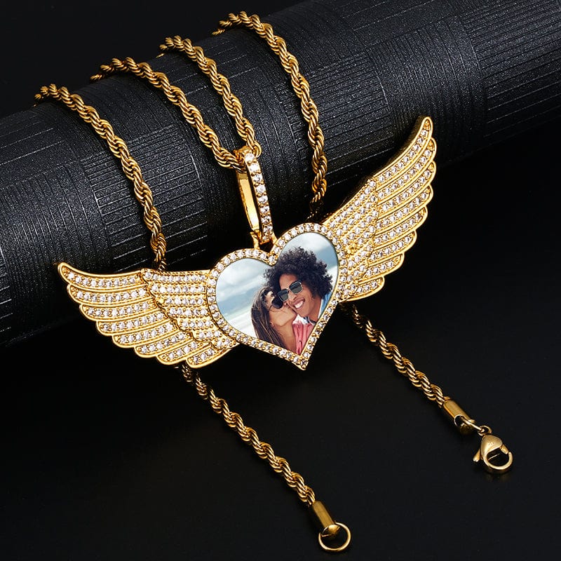 Heart Wing Photo Pendant Gold Plated Jewelry Hip Hop CZ Diamond Photo Pendant