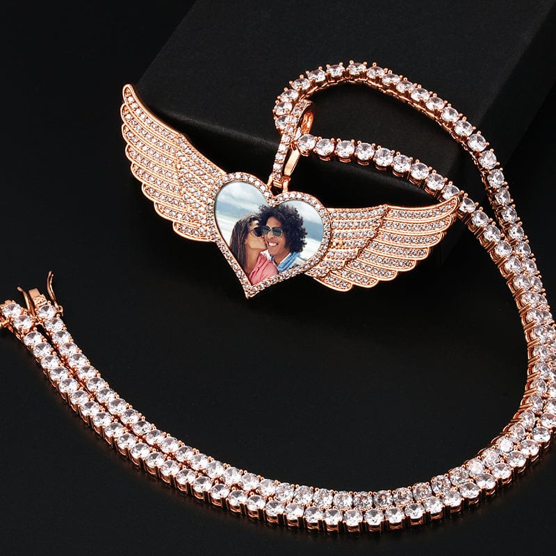 Heart Wing Photo Pendant Gold Plated Jewelry Hip Hop CZ Diamond Photo Pendant