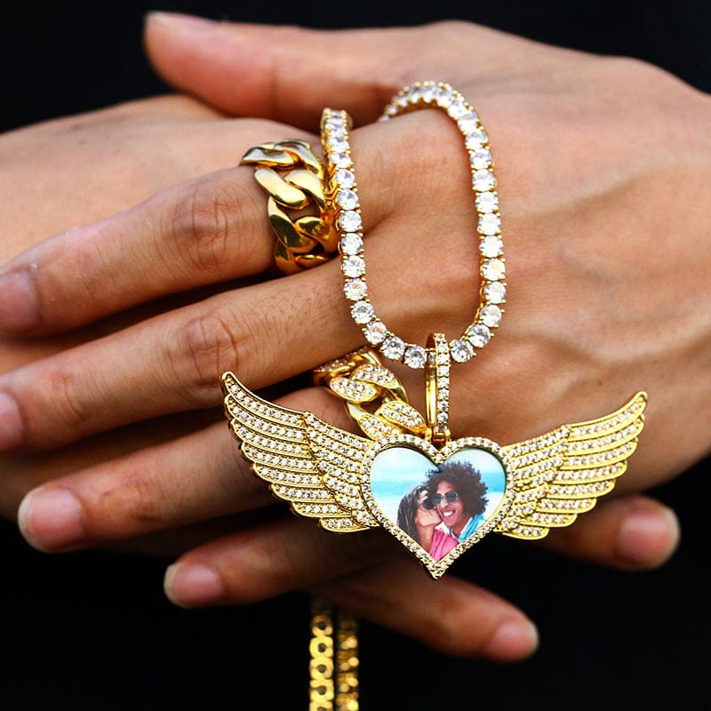 Heart Wing Photo Pendant Gold Plated Jewelry Hip Hop CZ Diamond Photo Pendant