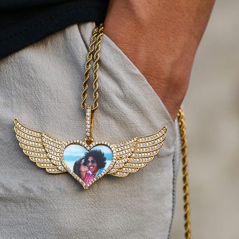 Heart Wing Photo Pendant Gold Plated Jewelry Hip Hop CZ Diamond Photo Pendant