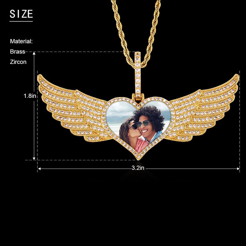 Heart Wing Photo Pendant Gold Plated Jewelry Hip Hop CZ Diamond Photo Pendant
